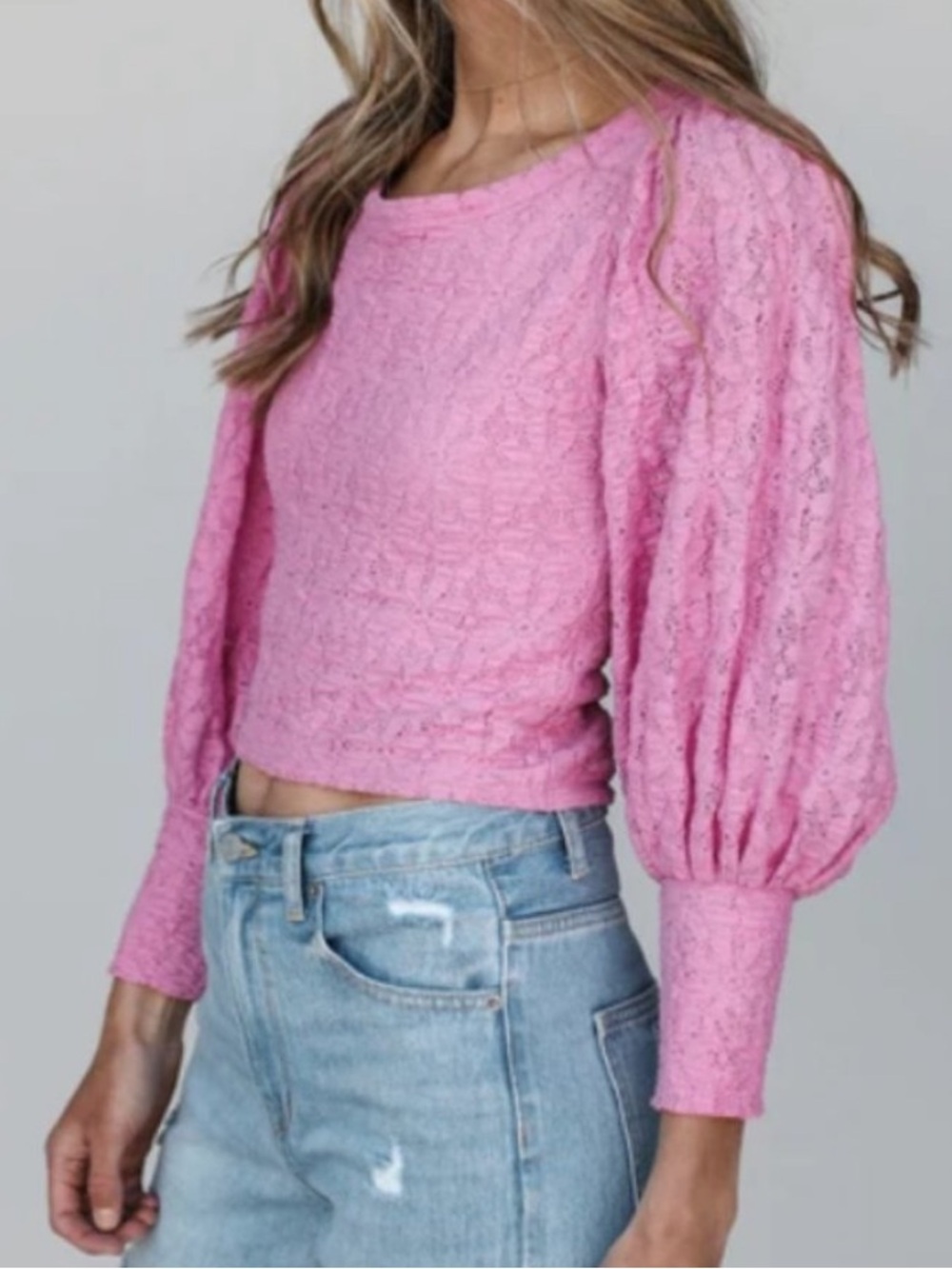 Free People Tea Time Pink Lace Puff-Sleeve Crop Top